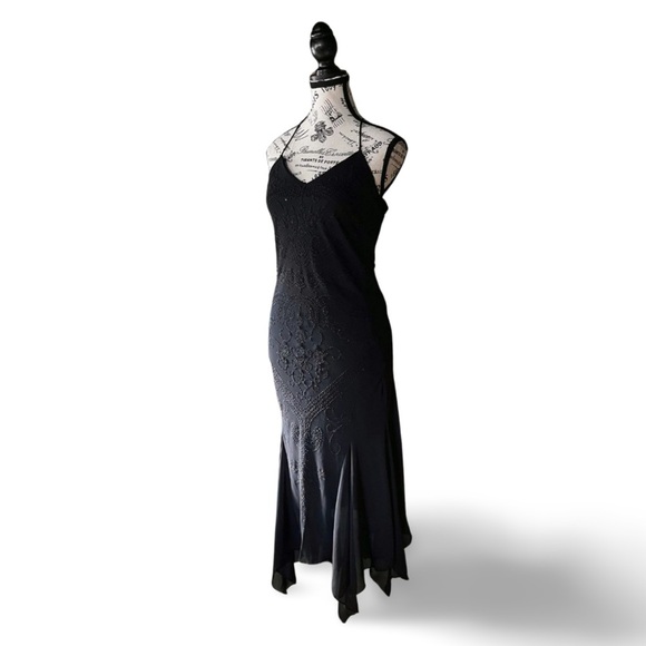 90s Black Slip Dress – Floral Beaded Maxi Evening Gown - Picture 6 of 8